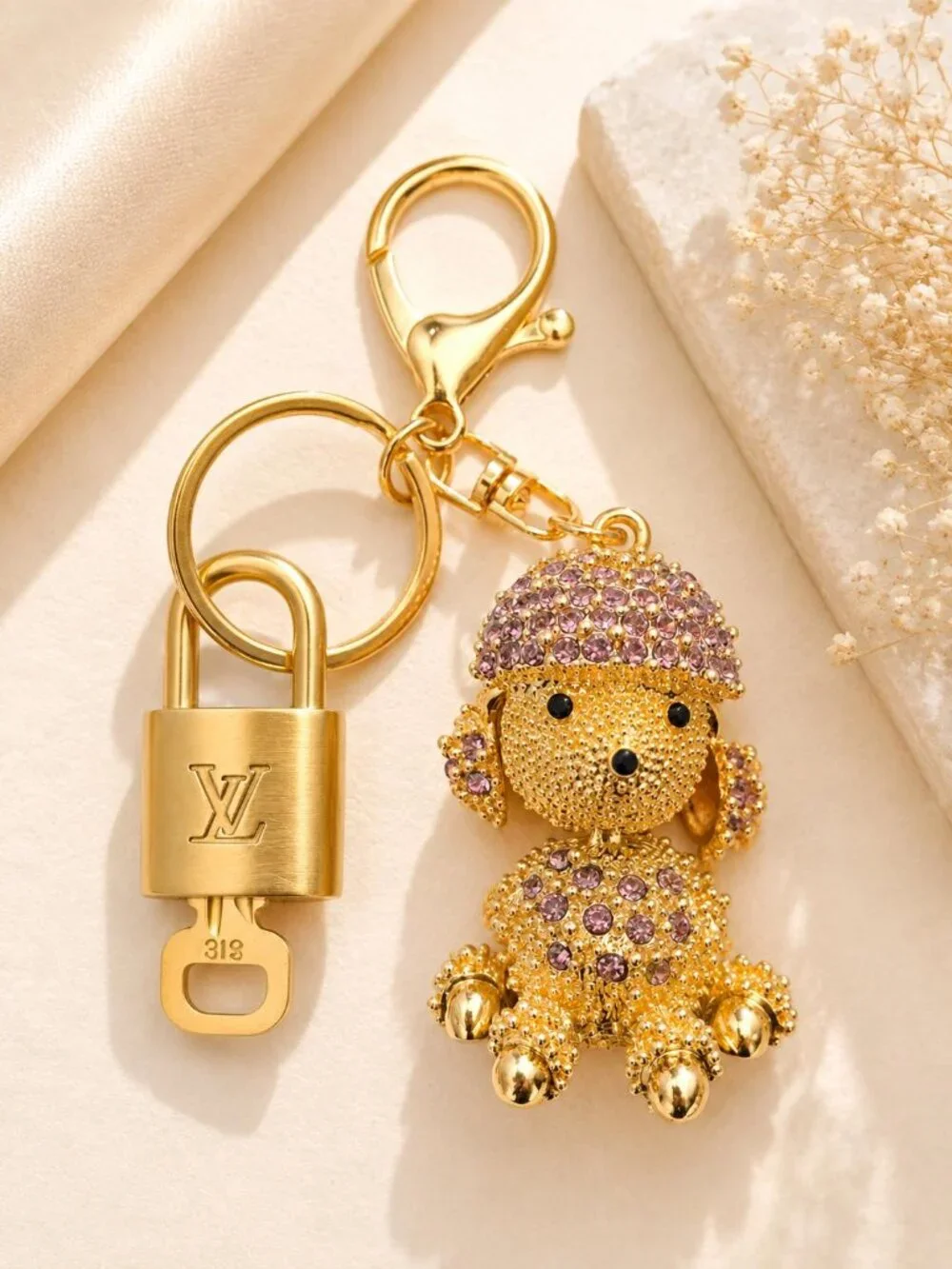 Authentic LV Gold Padlock 🔒Gold Rhinestone Poodle Dog Bag Charm Keychain